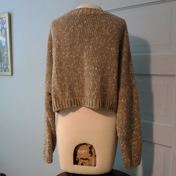 "Don’t Ask Why" Brown and Cream Oversized Puffy Sleeve Cropped Sweater One Size - Picture 3 of 6